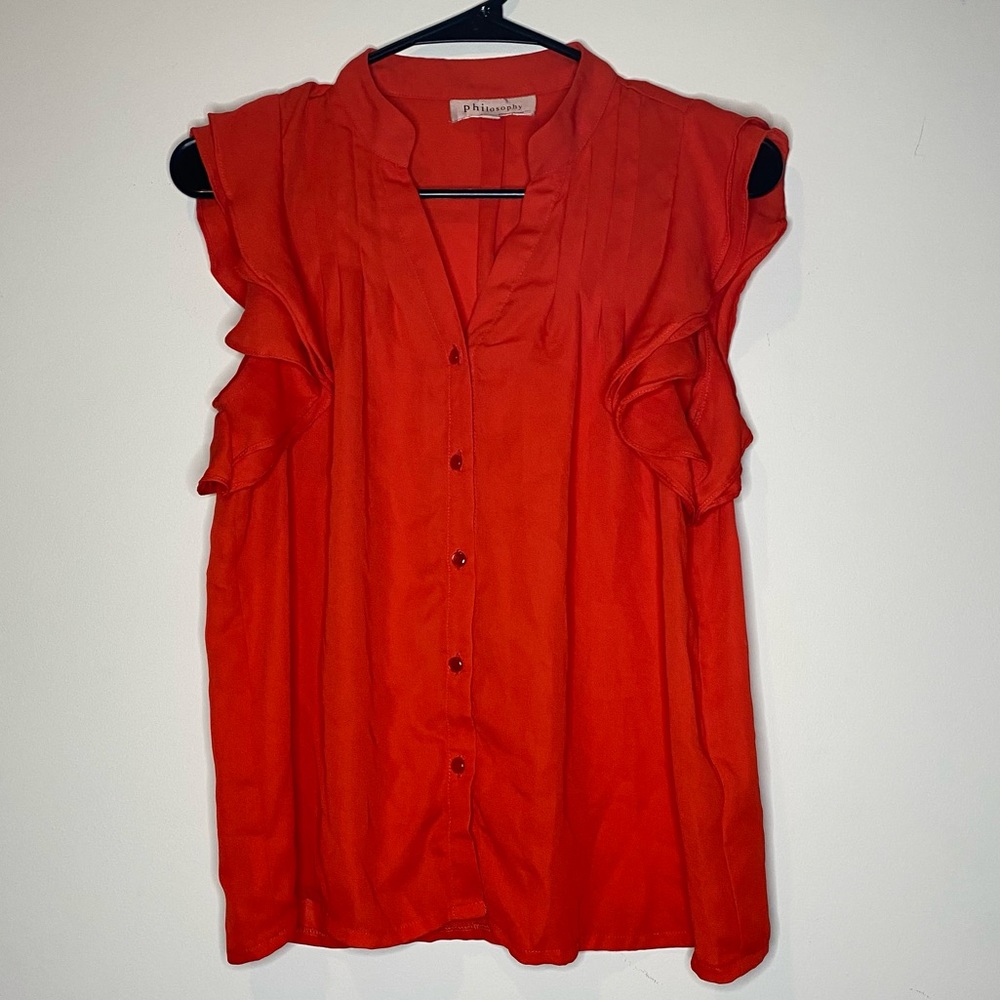 Philosophy semi-sheer sleeveless blouse with ruffles, coral color